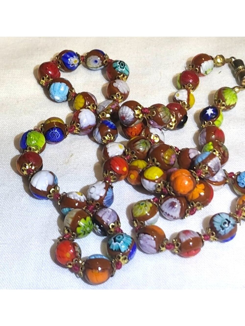 Vintage Italian Millefiori Glass Bead Necklace Gold-Tone Filigree End Caps - Picture 4 of 6